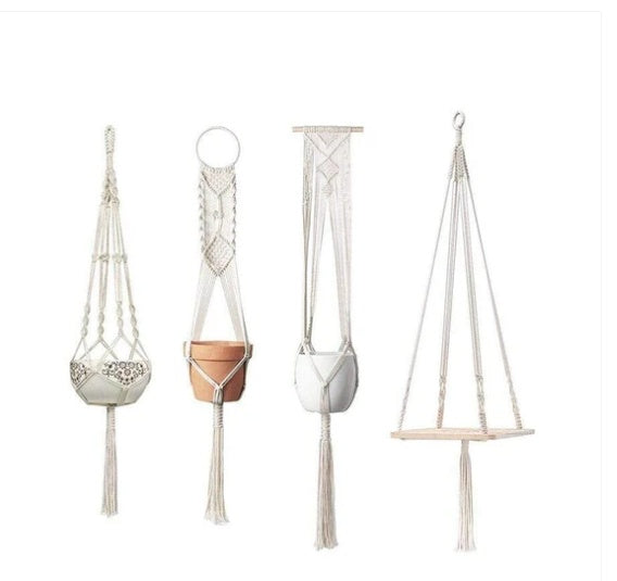 Boho Bloom Hanging Set – 4pc Macramé Plant Hangers & Shelf